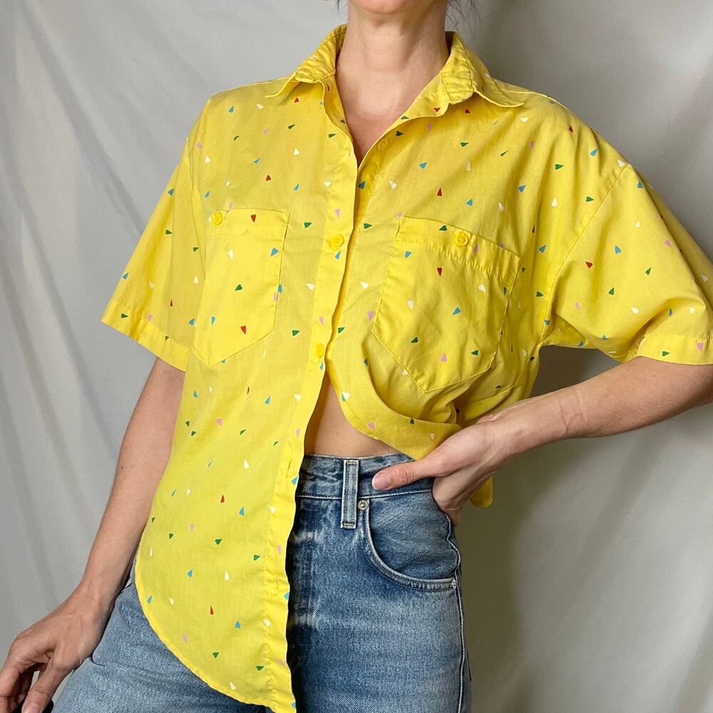 Vintage 80s 90s heart print yellow button-down shirt blouse oversized hearts S - Picture 17 of 17